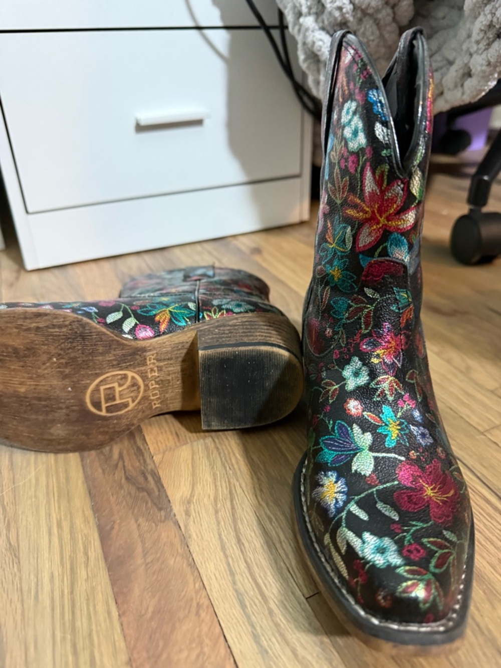 Floral Embroidered Western Booties - Black with Multicolor Flowers